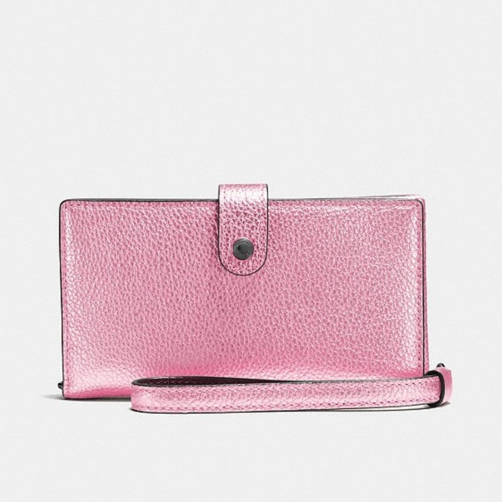 Coach Blush Pink Metallic Leather Phone Wristlet